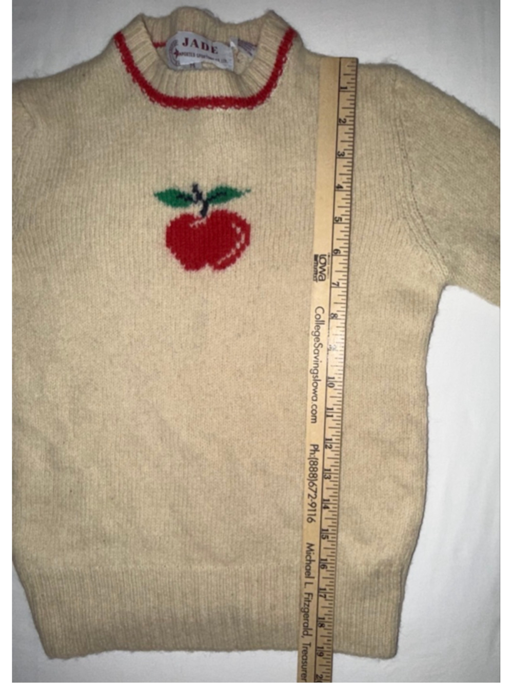 Jade Youth Girl Wool Shetland Apple Sweater Cream Cottagecore Retro VTG Novelty - Picture 7 of 9